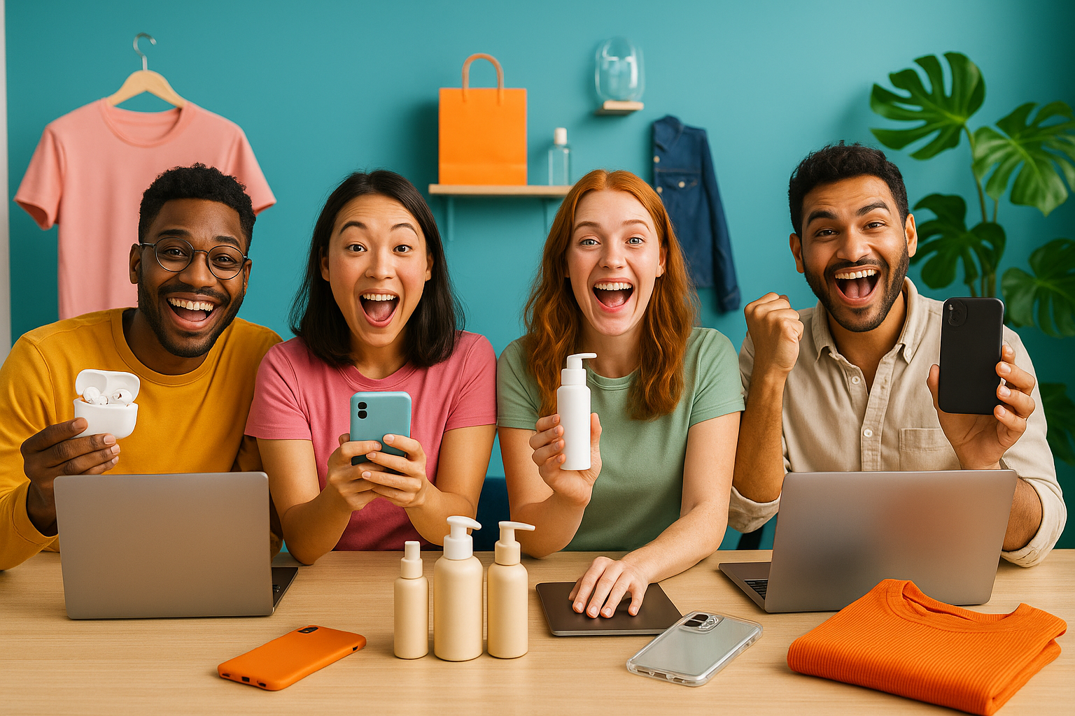 happy people selling trending products online. 
